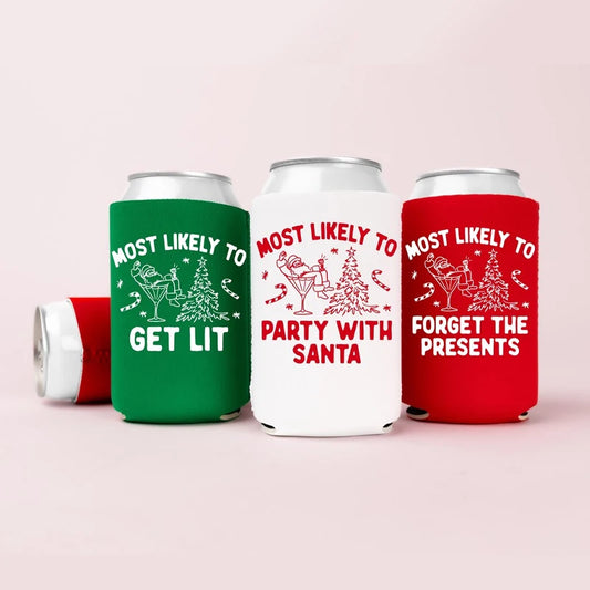 Set of 3 "Most Likely To" Christmas Beer Can Cooler Sleeves Beer Can Cooler Sleeves Peaceful Pleasures Health and Wellness Can Coolers 3pcs 9.5x12cm