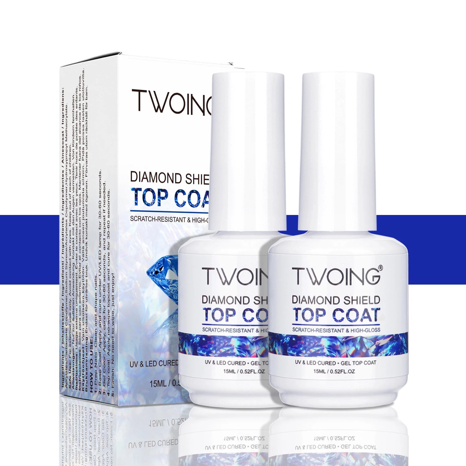 TWOING 15ml New Super Shine Top Coat Gel Nail Polish Diamond Topcoat No Wipe Sealer Gel Finish Manicure Nail Art Salon Quality Peaceful Pleasures Health and Wellness 2 bottle