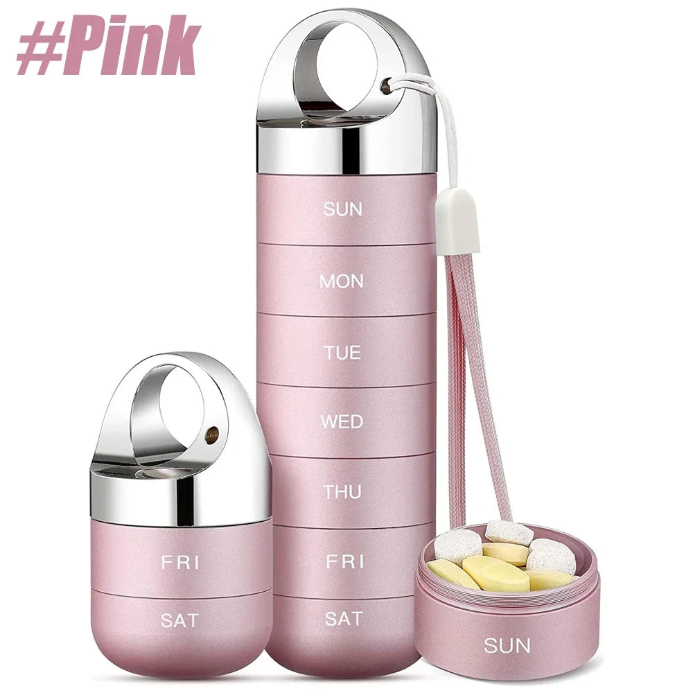 Portable Travel Pill Box Metal 7 Day Pill Case Organizer Waterproof Aluminum Alloy Travel Pill Case Container for Vitamins Peaceful Pleasures Health and Wellness Pink