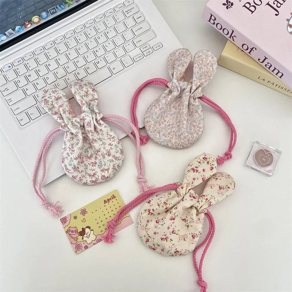 Cute Rabbit Ear Floral Drawstring Storage Bag Outdoor Portable