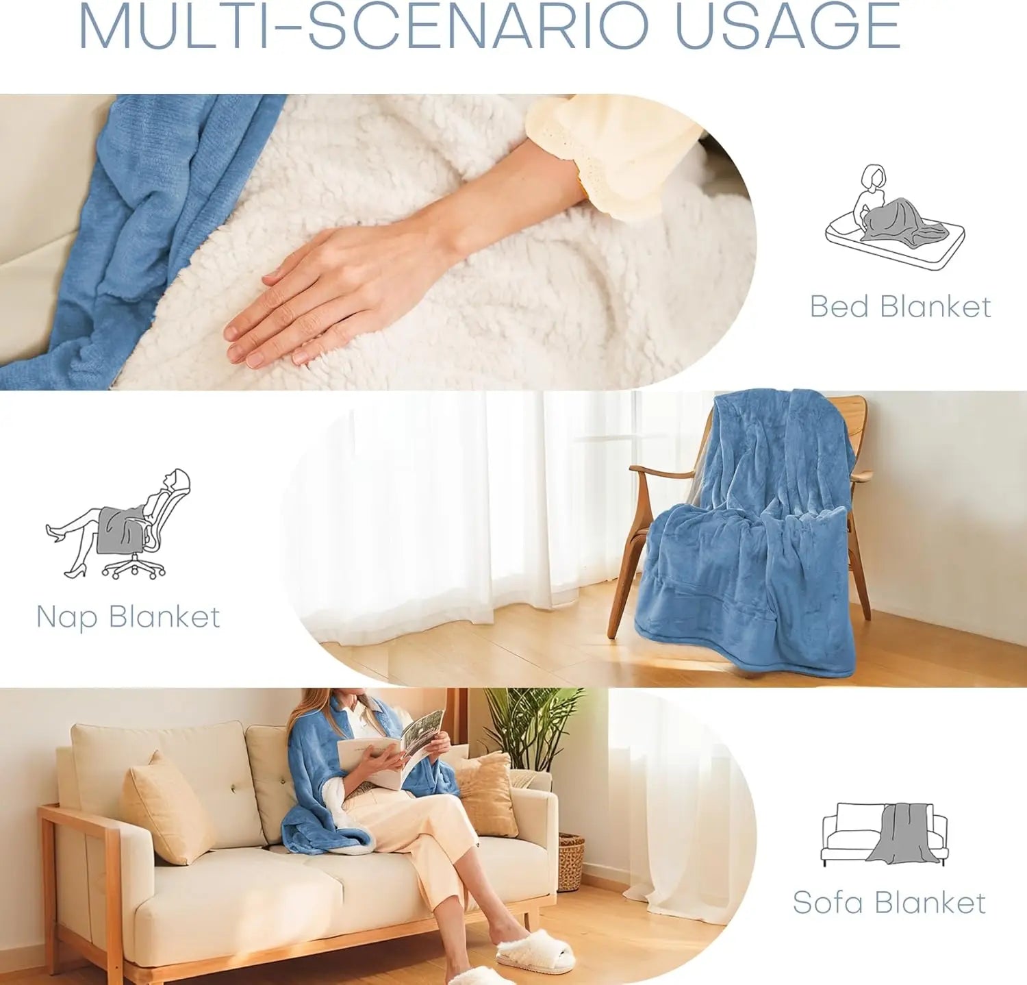 Twin Electric Heated Blanket 62x84" – Microplush & Sherpa, 6 Levels, Slate Blue Peaceful Pleasures Health and Wellness