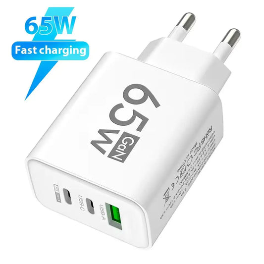 65W GaN 3-Port USB-C Wall Charger – Fast PD EU/US Plug USB-C GaN Charger Peaceful Pleasures Health and Wellness