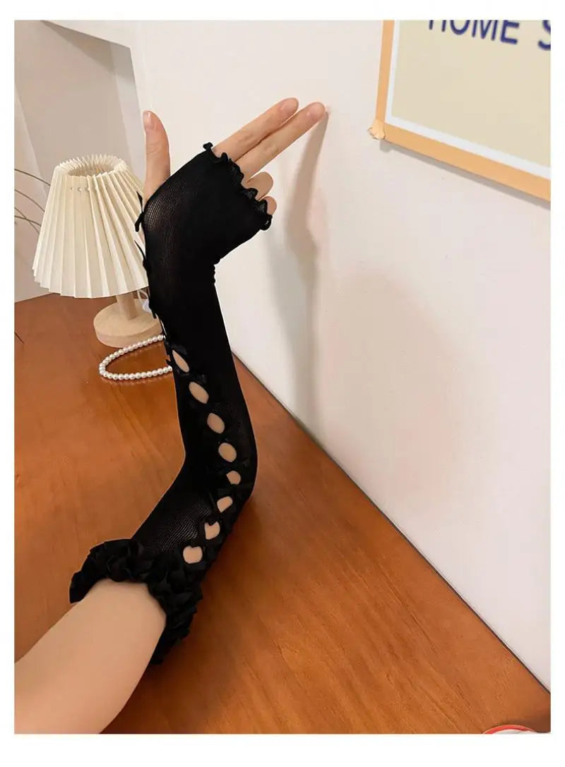 Lolita Girl Ruffled Bubble Sleeve Covers Exquisite Lace Bow Holes JK Girl Long Arm Gloves Simplicity Sun Protection COS Gloves Peaceful Pleasures Health and Wellness