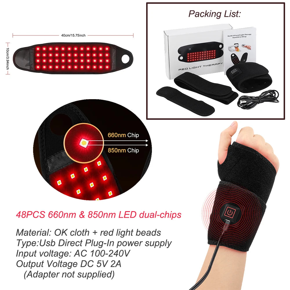 Red Light Therapy Strap 48 660nm & 850nm Wristband Brace LED Infrared Heating Pad Hand Carpal Tunnel Wrist Muscle Relieve Belt Peaceful Pleasures Health and Wellness Wrist Heating Pad