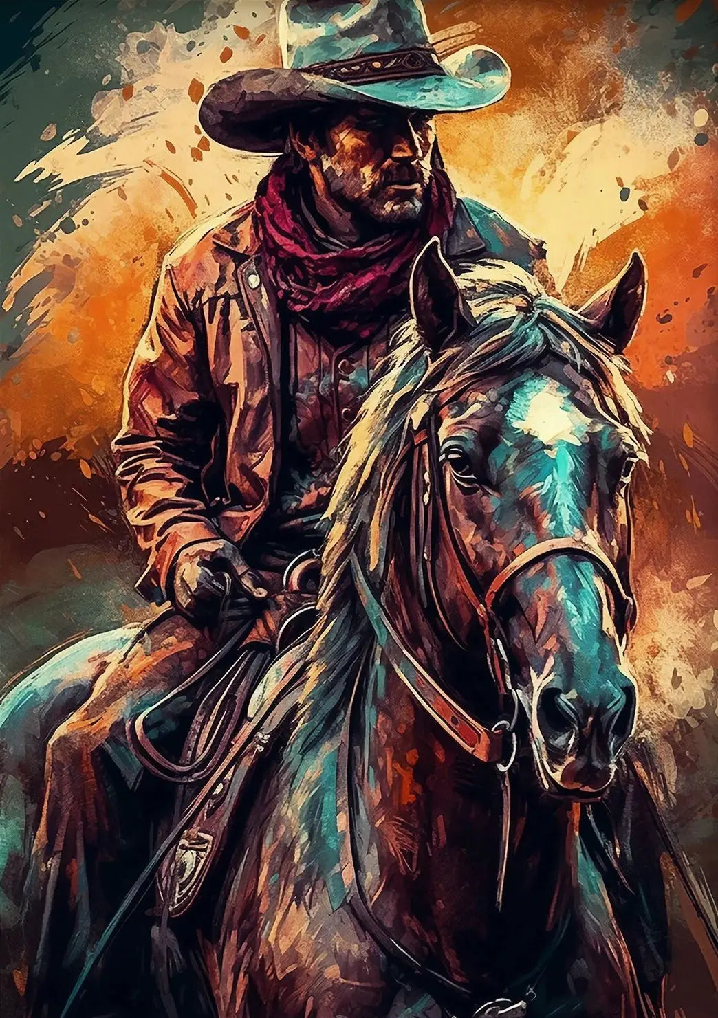 Impressionist Cowboy & Horse Canvas Wall Art | Wild West Print