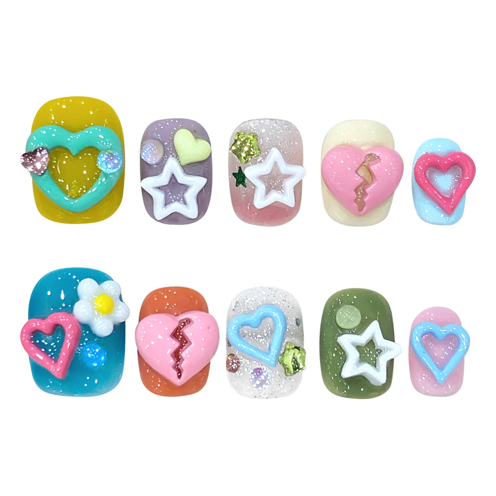 Handmade Press on Nails Cute Short 3D Colorful Heart Design False Nails Patches Ins Summer Wearable Fake Nails for Girl Wearable Peaceful Pleasures Health and Wellness M