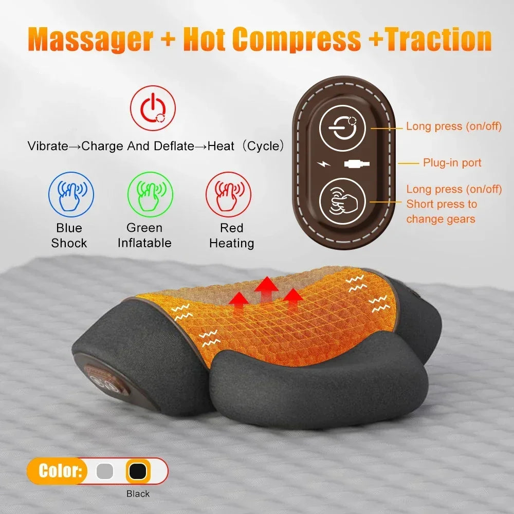 3in1 Electric Neck Massager Cervical Pillow Hot Compress Neck Stretch Heating Vibration Shoulder Massage Pillow Back Traction Peaceful Pleasures Health and Wellness 3 in1 With Traction