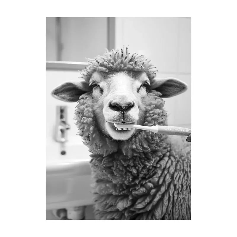 Funny Bathroom Animal Canvas Wall Art | Vintage Brushing Teeth