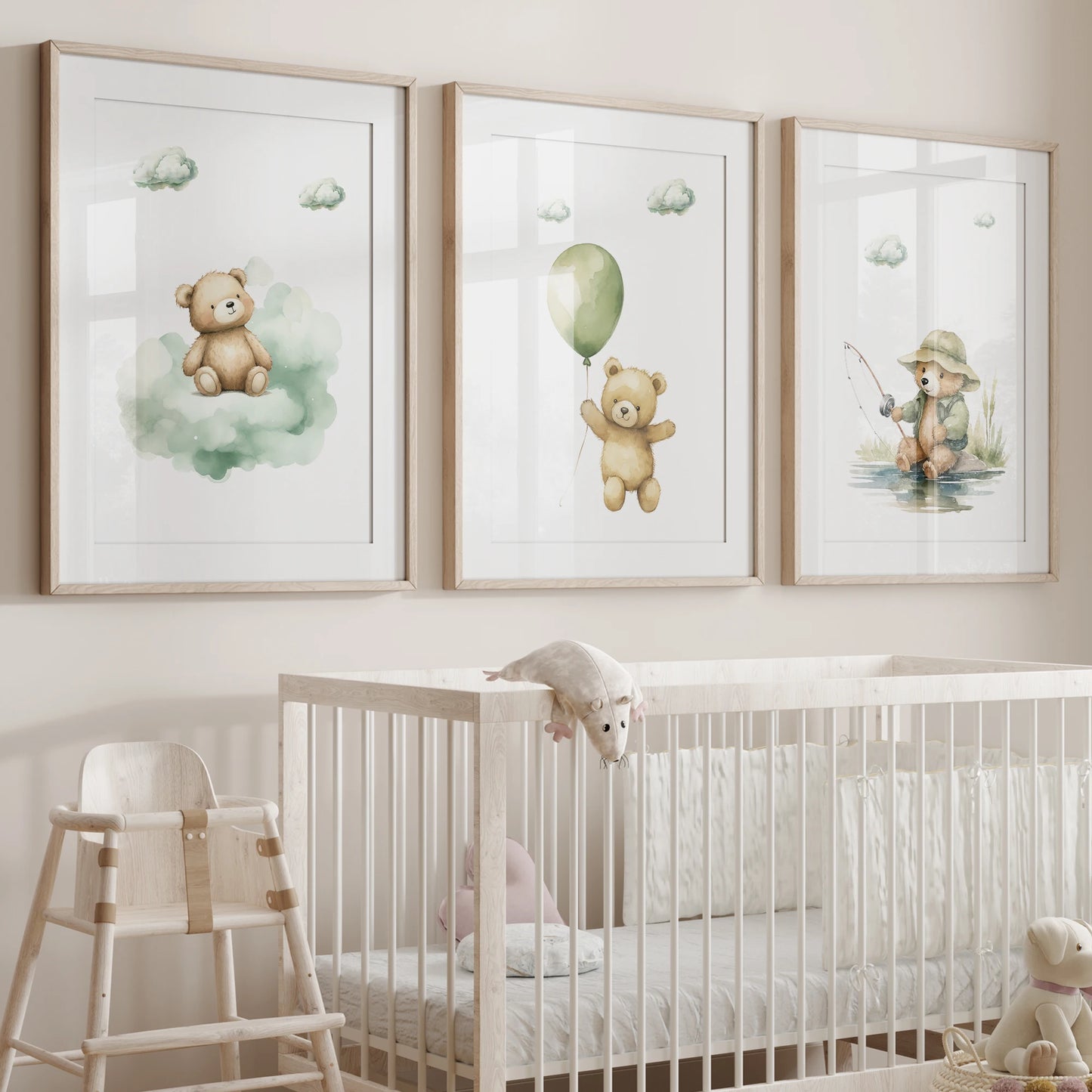 Cartoon Bear Green Clouds Canvas Wall Art Print | Kids Room