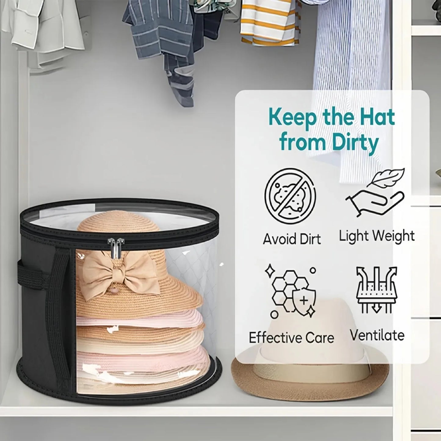 Hat Storage Bucket, Clothing Hat Travel Organizer, Foldable Round Brim Hat Storage Bag with Handle and Clear Window Peaceful Pleasures Health and Wellness