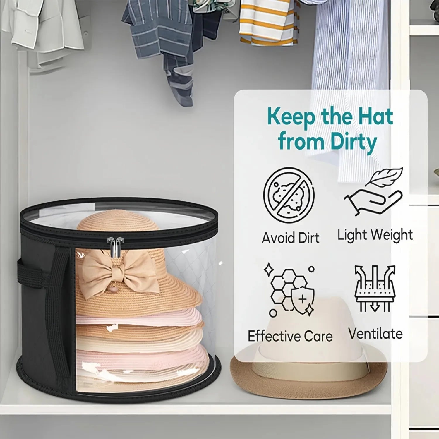 Hat Storage Bucket, Clothing Hat Travel Organizer, Foldable Round Brim Hat Storage Bag with Handle and Clear Window Peaceful Pleasures Health and Wellness