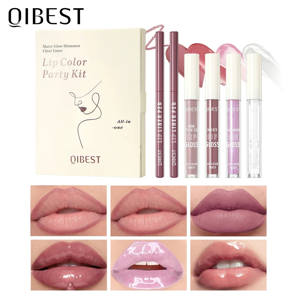 QIBEST 6 PCS Lip Color Makeup Sets Include 2*Lipliner,1 Matte Liquid Lipstick,2 Mirror Lip Glaze And 1 Transparent Lip Oil Balm Peaceful Pleasures Health and Wellness 02