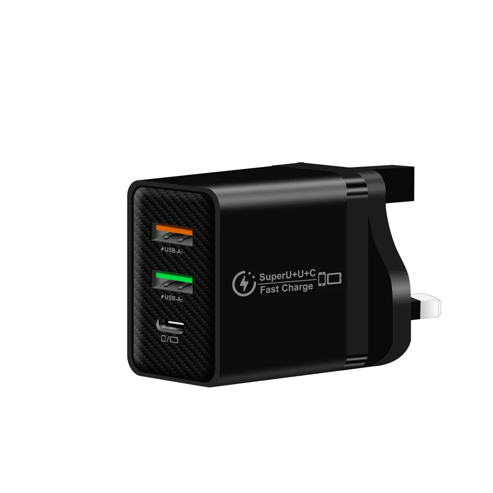 48W USB-C Fast Charger 3-Port PD QC3.0 Wall Adapter EU/US/UK
