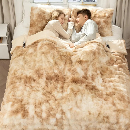 Queen Size Faux Fur Heated Blanket with 6 Heat Levels, Timer, Washable - Tie-Dye Beige Peaceful Pleasures Health and Wellness United States