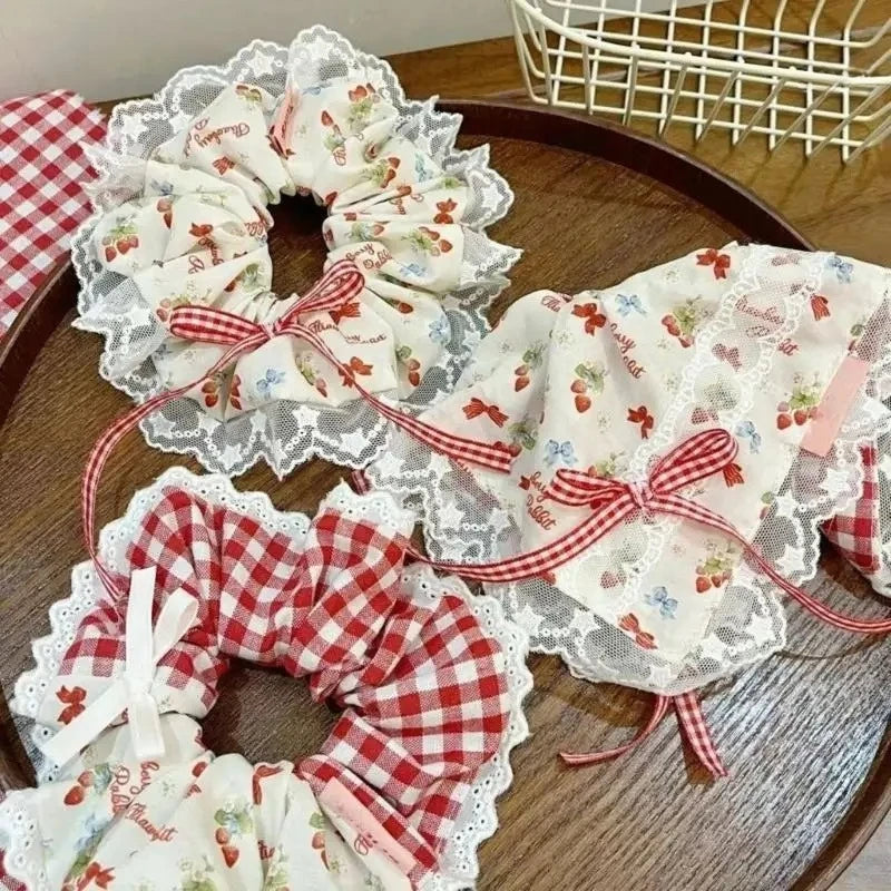 New Lace Red Plaid Heart Ribbon Bandana Pastoral Hair Scrunchie Fairy Fresh Light Luxury Hair Ornaments Female for Daily Outfit Peaceful Pleasures Health and Wellness