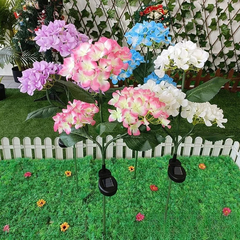 Solar Hydrangea Stake Lights 3-Head Blue Flower Garden Decor