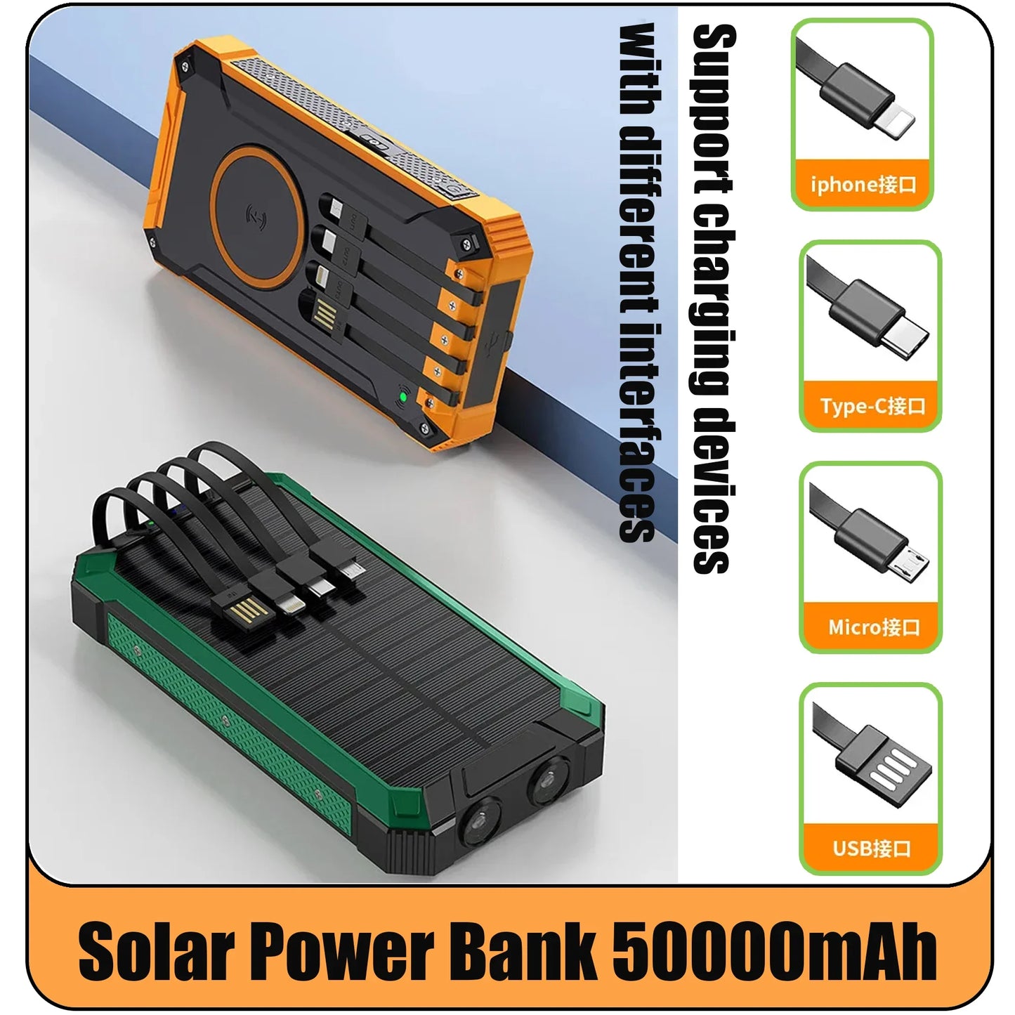50000mAh Solar Power Bank – Wireless Charging & 4 Built-In Cables