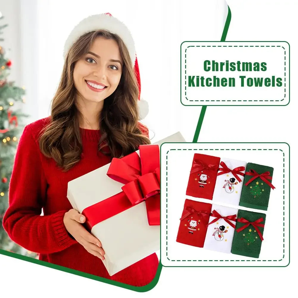 Christmas themed embroidered soft and skin friendly pure Cotton towels suitable for daily kitchen and bathroom use Peaceful Pleasures Health and Wellness