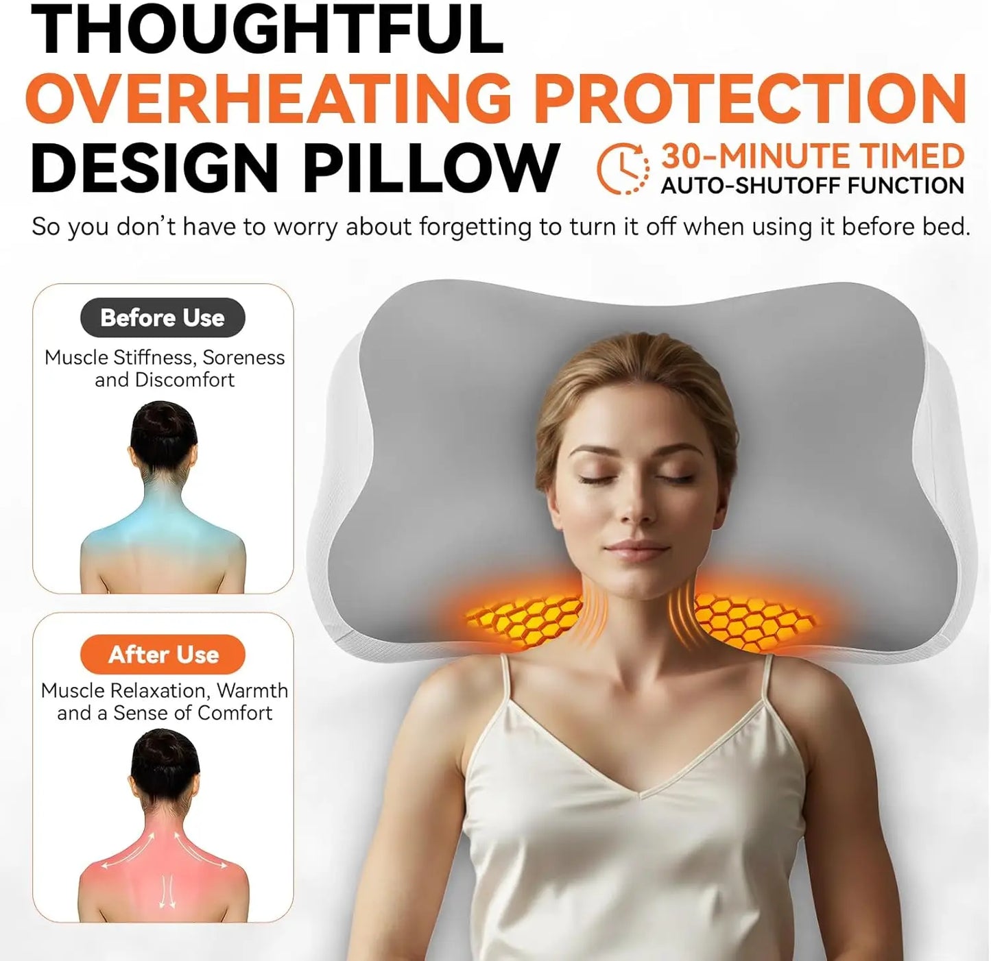 Heating pillow with woman using it, showing before and after effects on muscles.