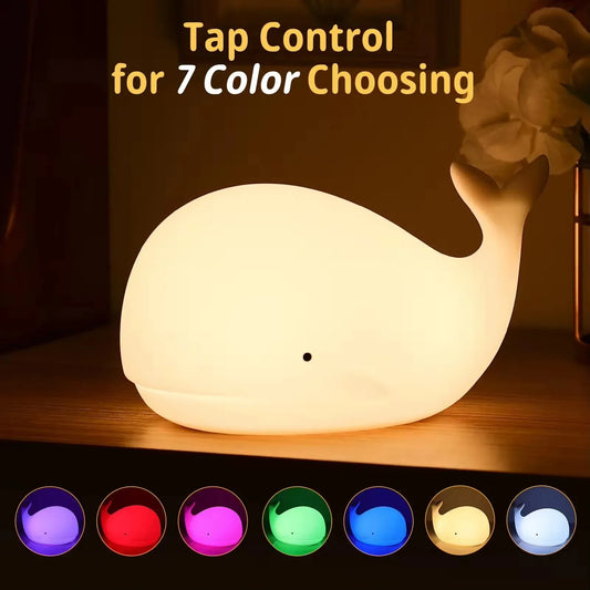 7 colors Night Light Cute Whale Animal Silicone USB Rechargeable Nightlights Room Decorations Table LED Lamp Gifts For Children Peaceful Pleasures Health and Wellness
