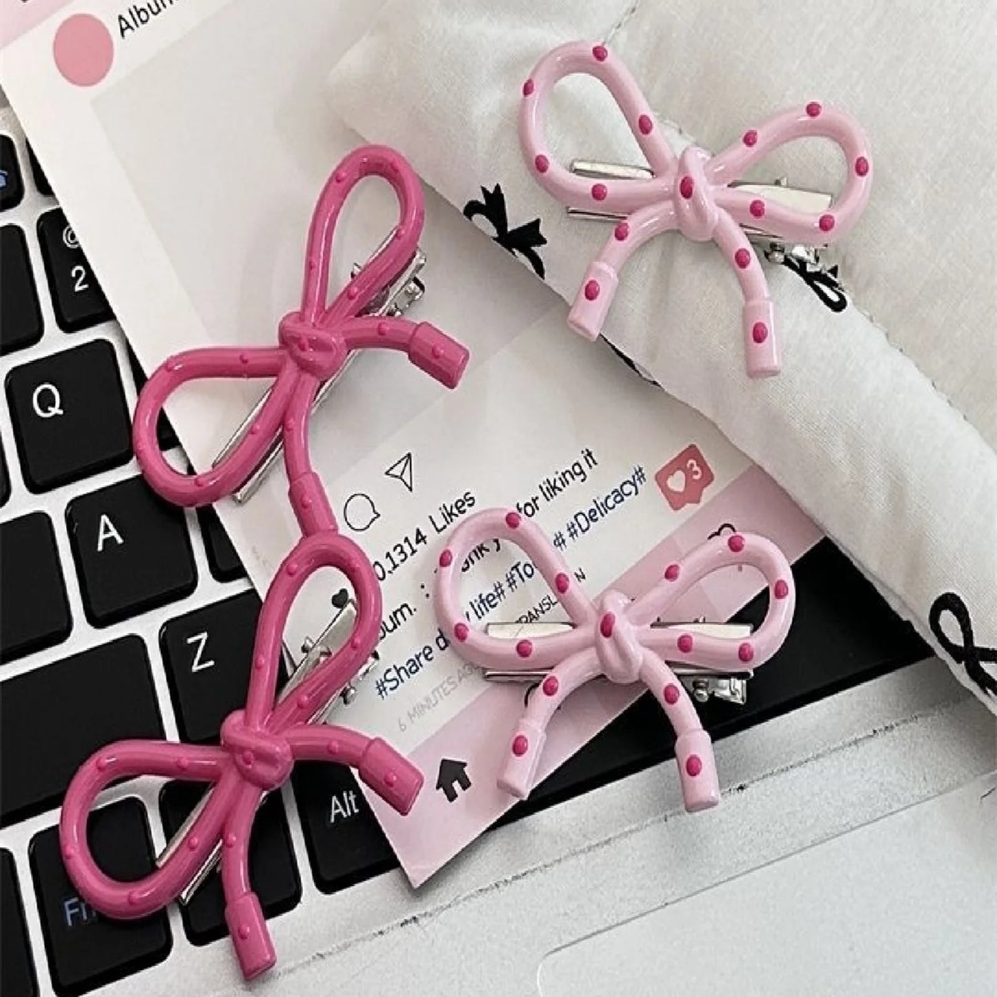 Children's Pink Bow Polka Dot Duckbill Clip Korean Style Bangs Clip Forehead Side Clip Headband Accessory Hair Clip Broken Hair Peaceful Pleasures Health and Wellness 4pcs two-color