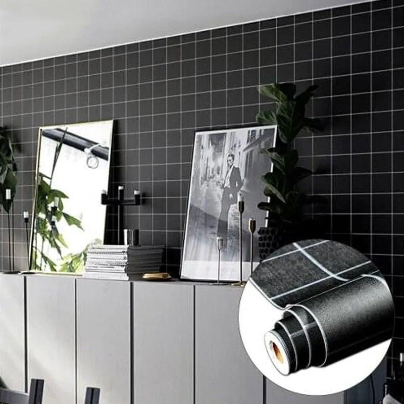 Black Grid Peel & Stick Wallpaper – Waterproof PVC 40cm Roll