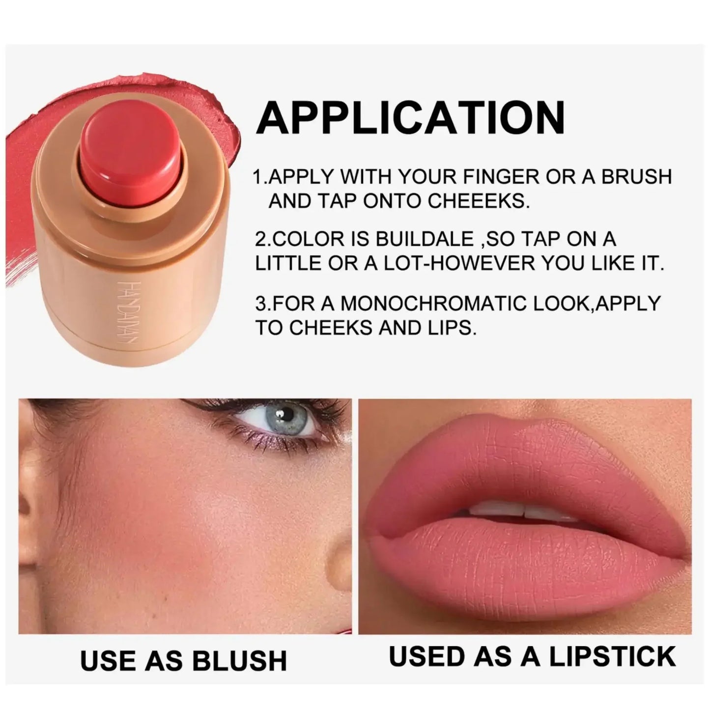Handaiyan Cream Blush Stick – Lip & Cheek Tint, 6 Shades