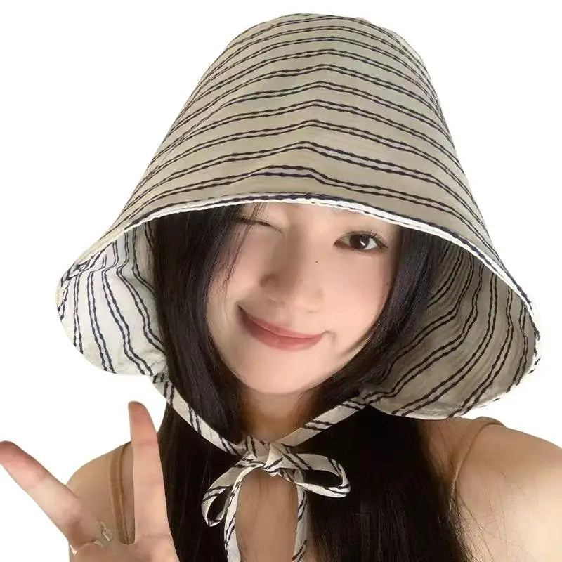 Women's Wide Brim Striped Bucket Hat – Foldable Sun Cap