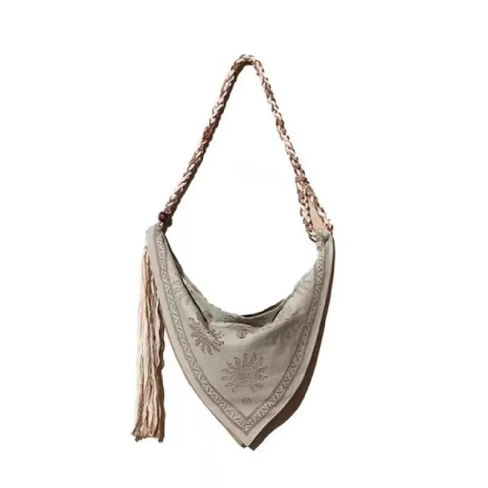 Bohemian Triangle Crossbody Bag | Linen Print Tassel Messenger Bag Crossbody Shoulder Bag Peaceful Pleasures Health and Wellness Green