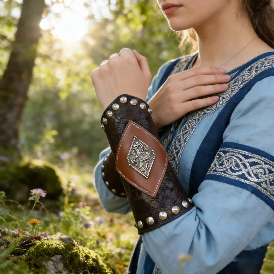 PU Leather Medieval Wrist Guards Warrior Cosplay Embossed Gauntlets