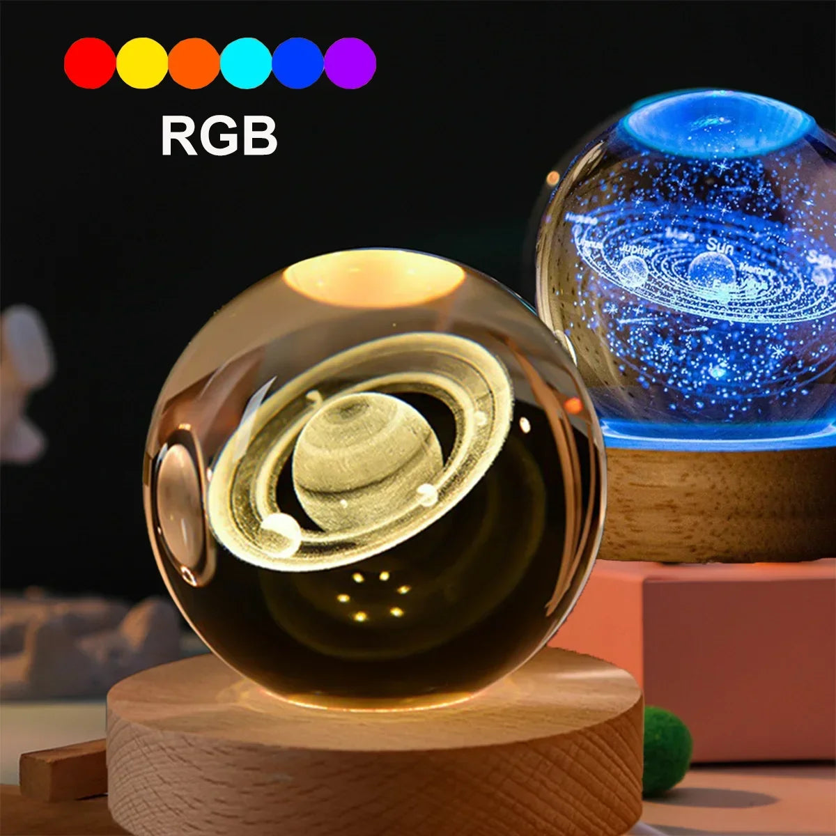 6cm Bedside Lamp Solar Theme Cosmos Series Crystal Ball Night Lights Milky Way Moon Small Ornaments for Desk Creative Gift RGB Peaceful Pleasures Health and Wellness