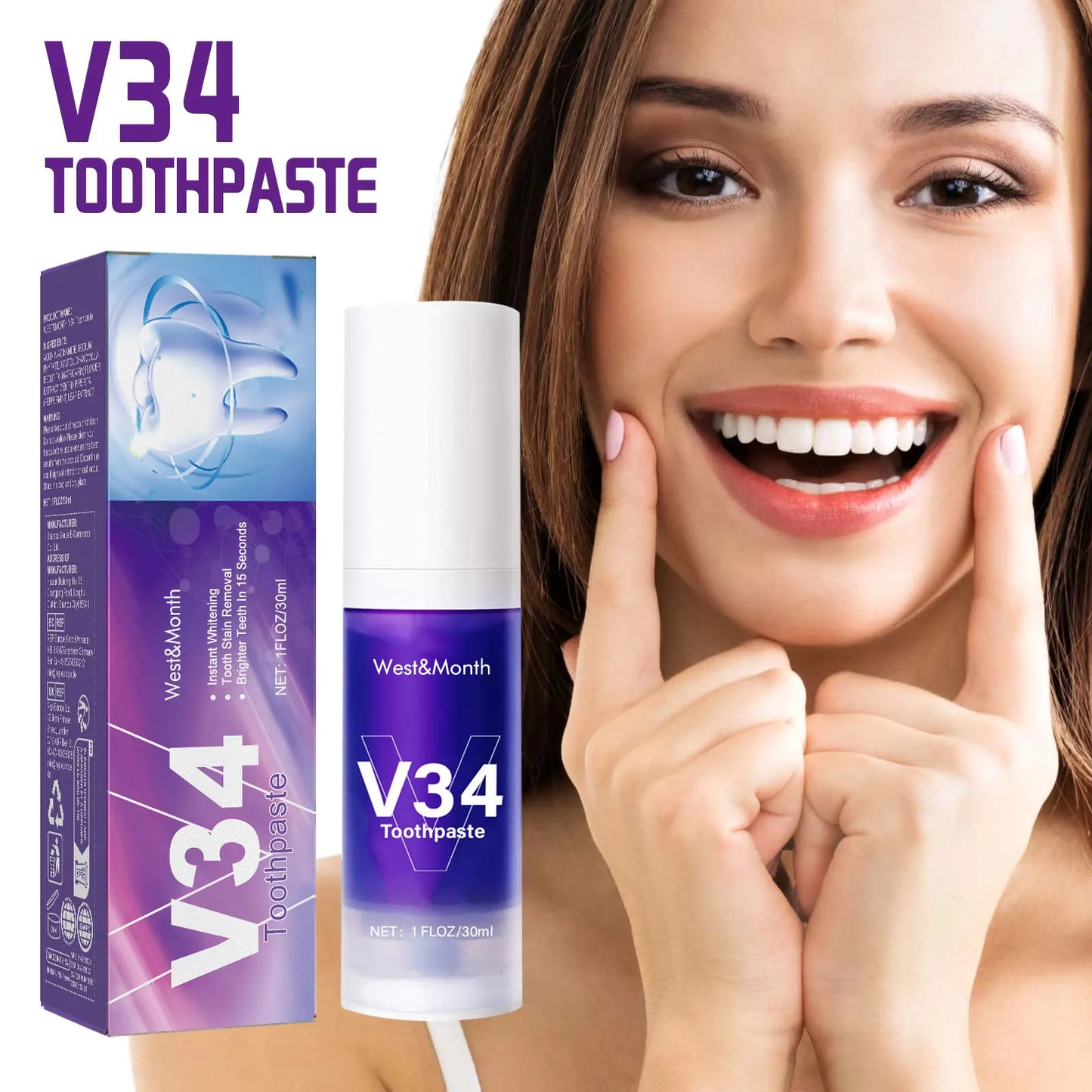 V34 Teeth Whitening Cleansing Mousse – Foam Toothpaste 30ml
