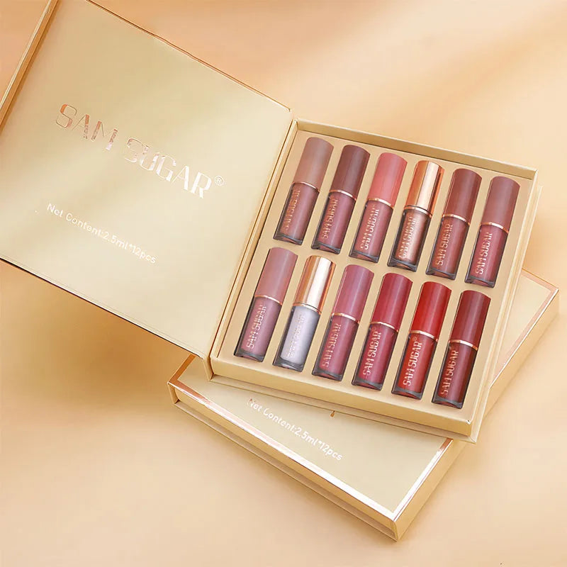 12 Colors Lip Gloss Set Matte Velvet Non-Stick Waterproof Sweatproof Long Lasting Exquisite Gift Set Gift Idea Peaceful Pleasures Health and Wellness