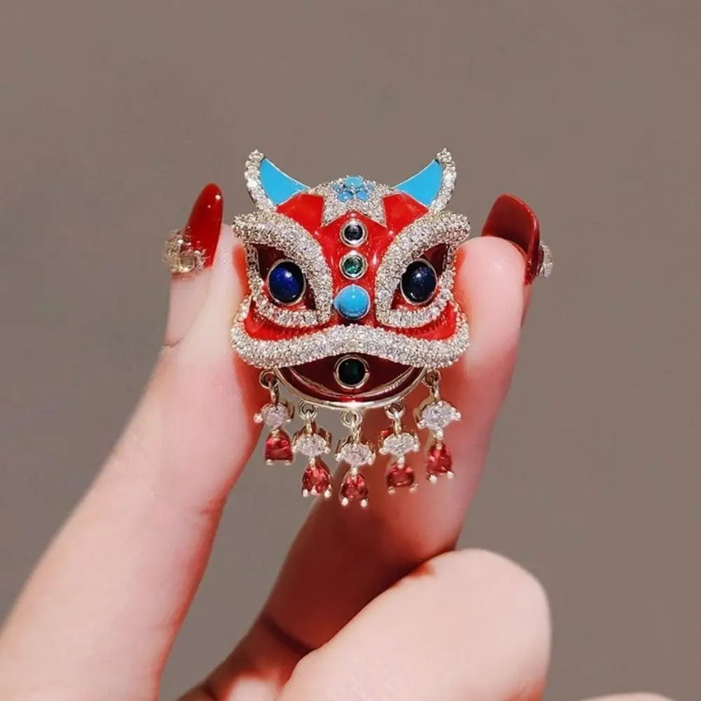 New Artistic National Trend Lion Dance Brooch Chinese Red Festive Three Dimensional Flower Shaped Brooch Inlaid Coat Pin Brooch Peaceful Pleasures Health and Wellness