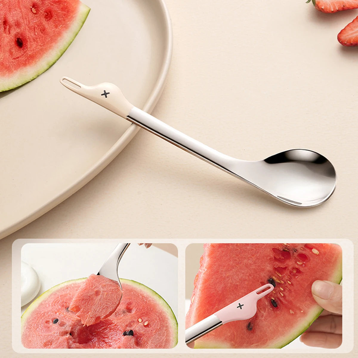 1Pcs Cartoon Stainless Steel Dual-purpose Watermelon Spoon Duck Shape Seed Remover Dessert Spoon Grip Grade Coffee Spoon Peaceful Pleasures Health and Wellness Beige
