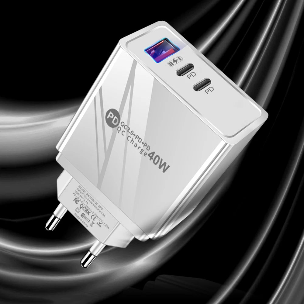 40W 3-Port Fast Charger QC3.0 & Dual PD USB-C Wall Adapter