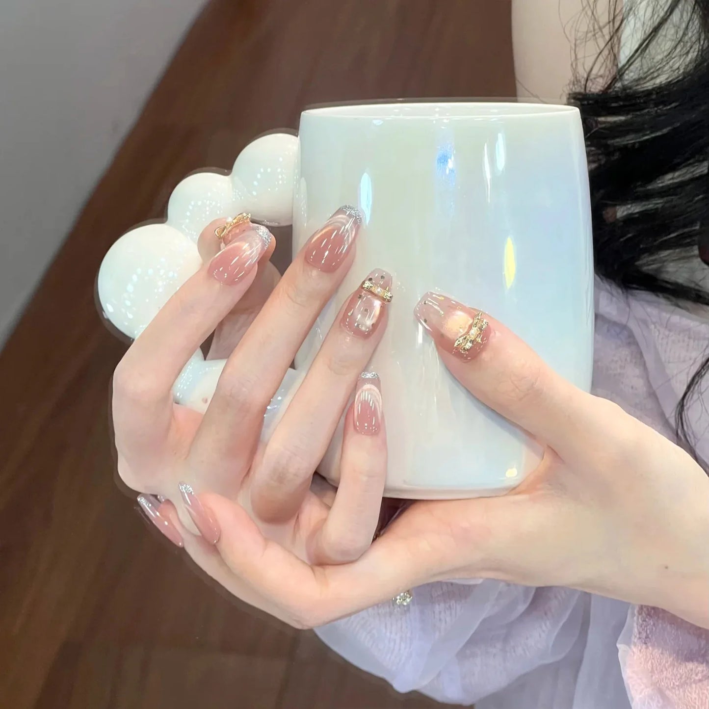 10PCS Handmade Cat's Eye Fake Nails Wearable Glitter French Tip Press on Nails 3D Metal Bow Decor Ballet False Nails Detachable Peaceful Pleasures Health and Wellness