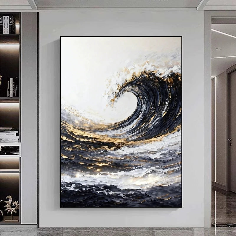 Modern Hand Painted Canvas Oil Painting Abstract Big Waves Wall Art Home Decor Mural Living Room Bedroom Porch Hanging Poster Peaceful Pleasures Health and Wellness