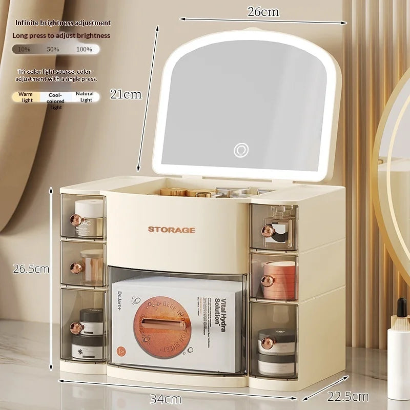 Large Capacity Cosmetic Storage Box with Mirror Dustproof Multifunctional Makeup Organizer Shelf for Vanity Table Home Use Peaceful Pleasures Health and Wellness Cream with Light
