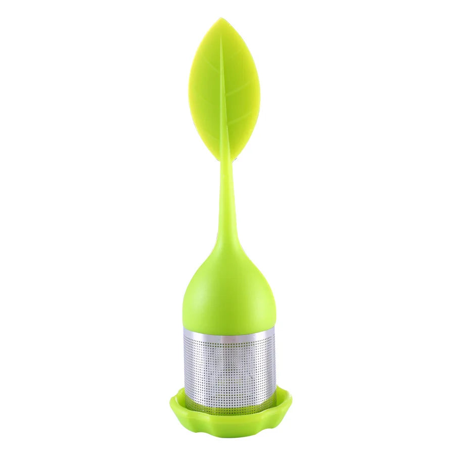 Tea Infuser - Stainless Steel Fine Mesh Tea Filter with BPA-Free Silicone Leaf Handle and Drip Tray for all Loose Leaf Tea Peaceful Pleasures Health and Wellness light green