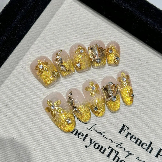 Gold French Cat Eye Press-On Nails – Crystal Flower Tips Press-On Nails Peaceful Pleasures Health and Wellness