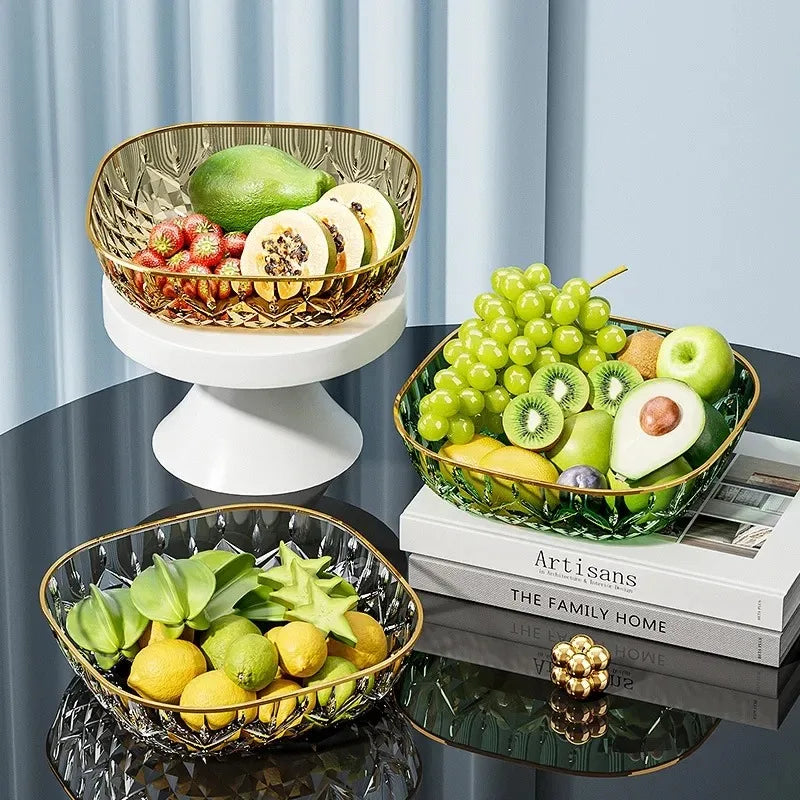 New Household Fruit Bowl Salad Dessert Biscuit Plate Plastic Square Transparent Tray Golden Edge Snack Plates Tableware Peaceful Pleasures Health and Wellness
