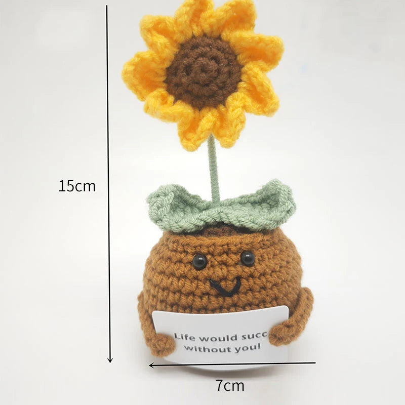 Crochet Sunflower Pot Ornament | Handmade Gift with Positivity Card