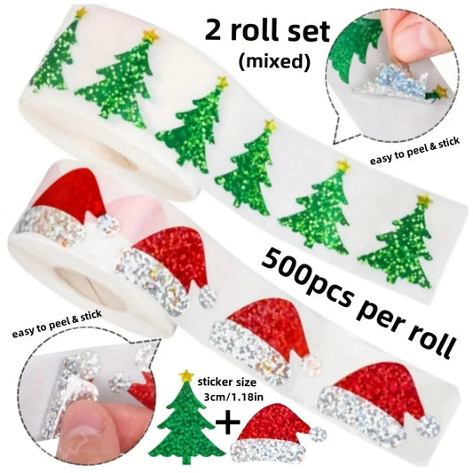 1000 Sheets 2 Rolls Mixed Christmas Sticker Roll Laser Green Tree Red Peaceful Pleasures Health and Wellness 2Rolls 6x6x3.5cm