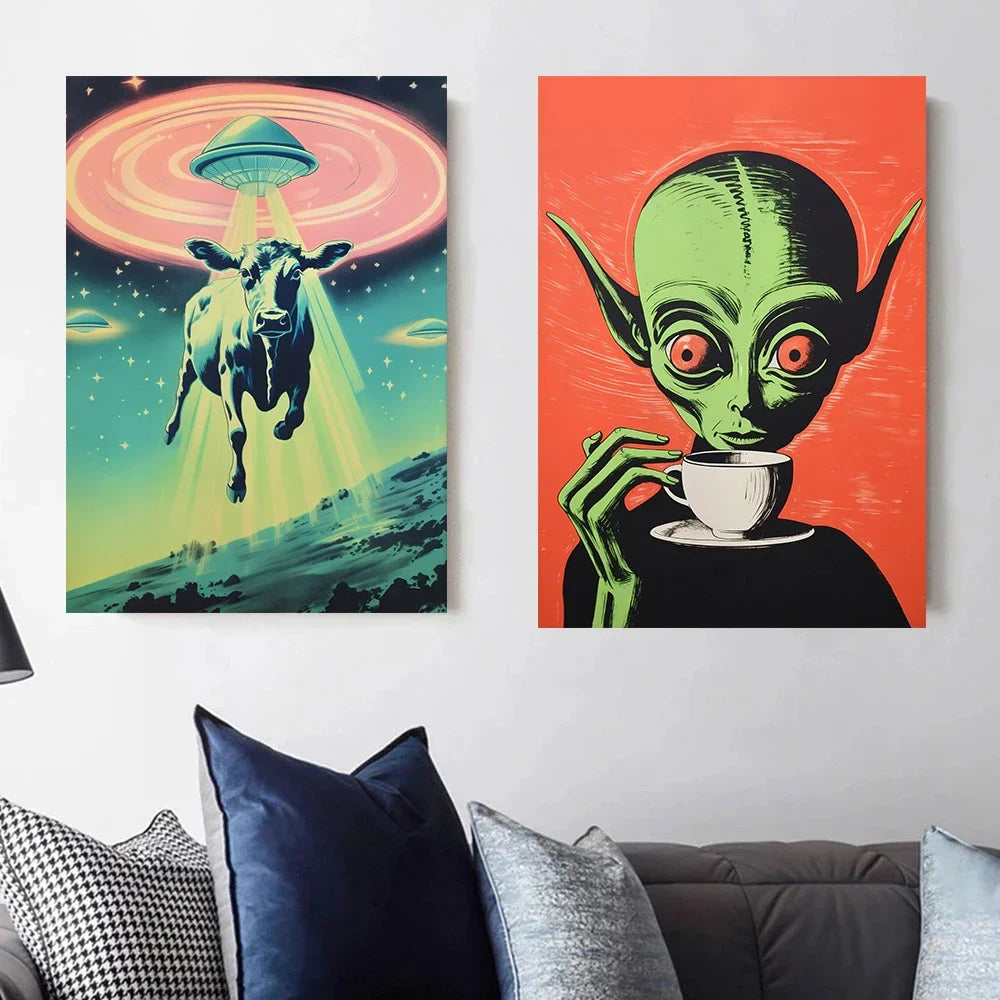 UFO Alien Cow Abduction Canvas Print | Retro Sci-Fi Wall Art Canvas Wall Art Print Peaceful Pleasures Health and Wellness