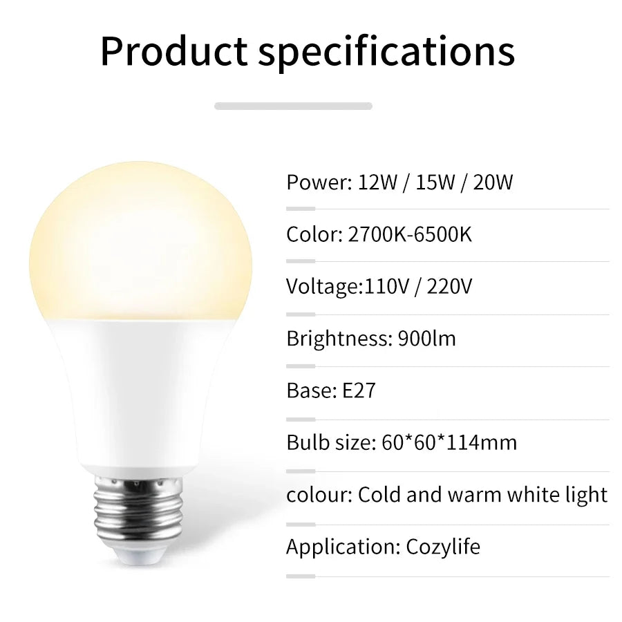 12W 15W 20W WiFi Smart LED Light Bulbs 220V 110V E27 LED Smart Alexa Lamp Cozylife APP Lampada Support Google Home Vioce Control Peaceful Pleasures Health and Wellness