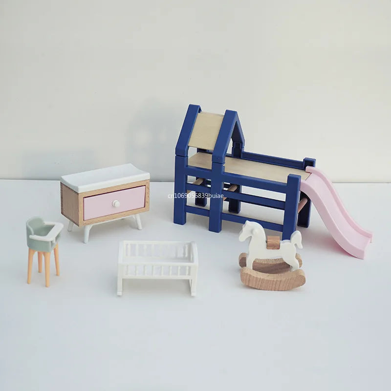1:12 Dollhouse Baby Bedroom Furniture Accessories Slide/Trojan Horse/Table/ Dining Chair/Bed for Kids Pretend Play Supplies Peaceful Pleasures Health and Wellness