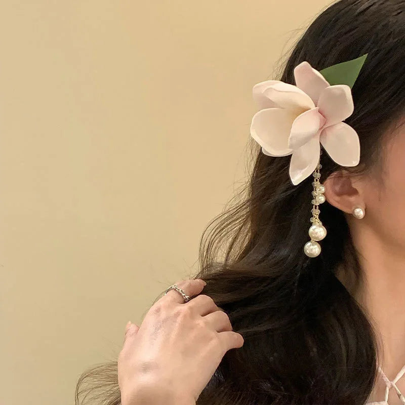 Pink Magnolia Pearl Tassel Hair Clip New Chinese Style Gentle and High End Feeling Spring New Clip Headband Hair Clip Versatile Peaceful Pleasures Health and Wellness