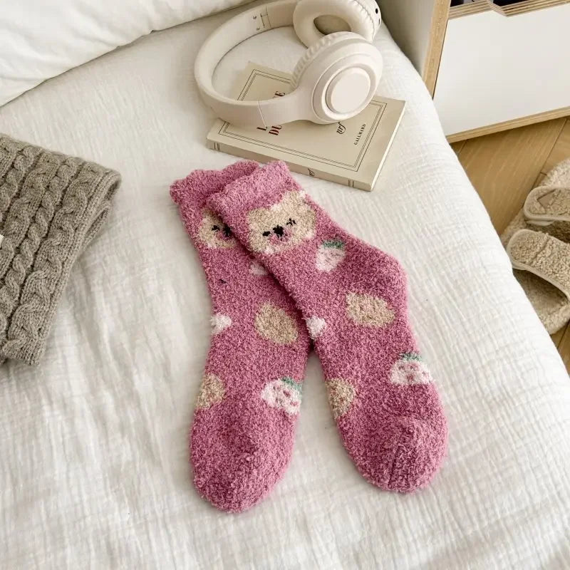 New Fashion Coral Fleece Women Socks Warm Home Floor Socks Strawberry Bear Socks Mid Tube Sleep Socks Plush Socks Added Fleece Peaceful Pleasures Health and Wellness Rose Red One Size