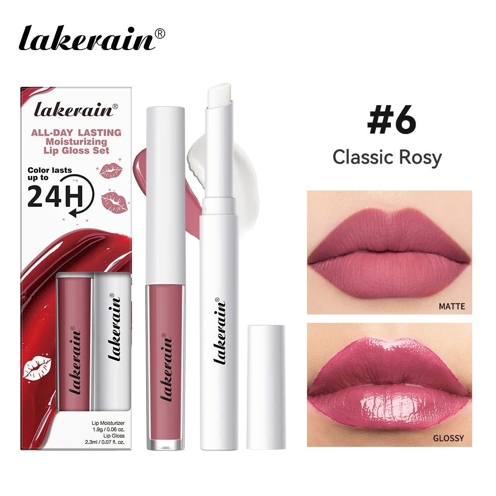 Lakerain Moisturizing Lip Gloss 2-in-1 Set Waterproof Sweat-proof Matte Topcoat Finish Long Lasting Moisturizing Smooth Lip Skin Peaceful Pleasures Health and Wellness Classic Rosy